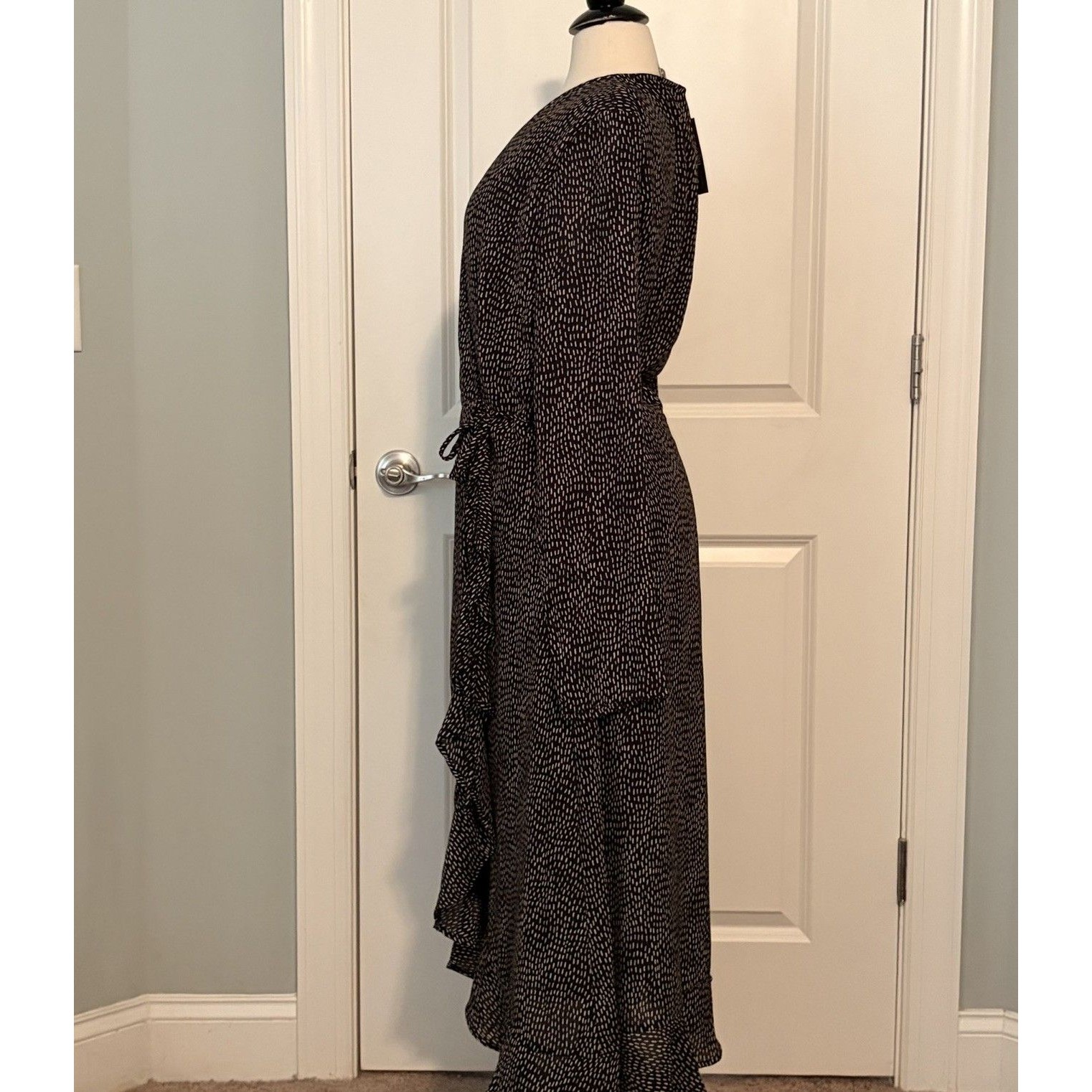 Nwt Amalli Talli Black White Polka Dot Long Sleeve Wrap Maxi Dress Womens Medium — image 7 of 8
